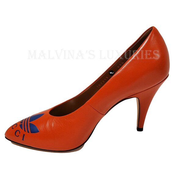 GUCCI SHOES ADIDAS X TREFOIL ORANGE LEATHER PUMPS w LOGO sz 37 / 7 - Picture 10 of 16